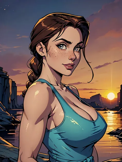 Melhor qualidade, obra de arte, (realista: 1.2) Close up of a thin and athletic woman (Lara Croft), 25 anos, 16k (( high definition )), sorriso suspirante, olhar sedutor ((looking at the viewer)), olhos castanhos, wearing a fitted petrol blue tank top (( d...