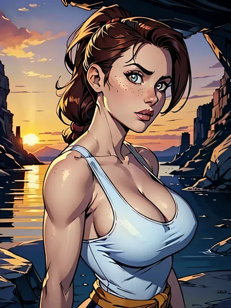 Melhor qualidade, obra de arte, (realista: 1.2) Close up of a thin and athletic woman (Lara Croft), 25 anos, 16k (( high definition )), sighing look, olhar sedutor ((looking at the viewer)), olhos castanhos, wearing a fitted petrol blue tank top (( decote...
