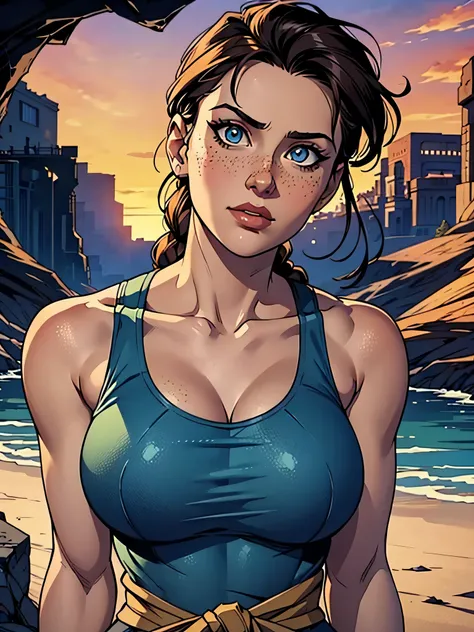 Melhor qualidade, obra de arte, (realista: 1.2) Close up of a thin and athletic woman (Lara Croft), 25 anos, 16k (( high definition )), sighing look, olhar sedutor ((looking at the viewer)), olhos castanhos, wearing a fitted petrol blue tank top (( decote...