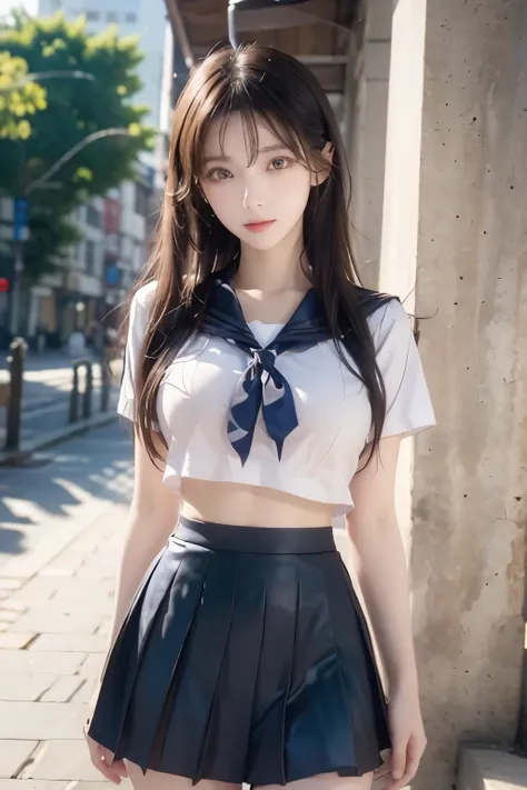 ( Super High Definition), (I'm looking over here), (school uniform:1.2, sailor suit, flared skirt), (Big Breasts:1.2), (Slimness:1.8), ( Read more:1.4), (thin thighs:1.4), ( thin hips:1.6), ( beautiful skin, shiny skin, white skin), (Super slim face, Sup...