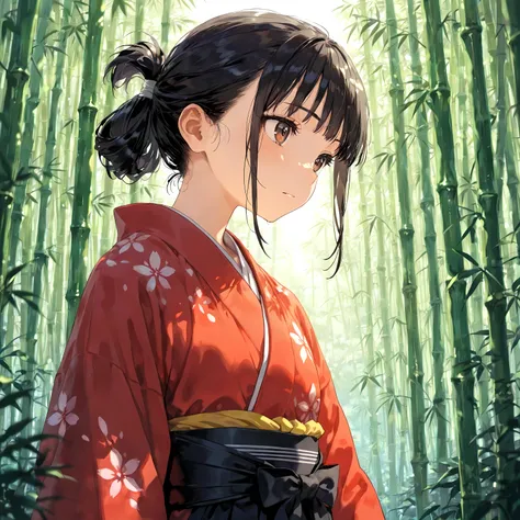 masterpiece, best quality, simple, 1female, young adult, female focus, fair skin, long black hair, tied ponytail, brown eyes, red kimono, black sash, bamboo forest background, calm expression