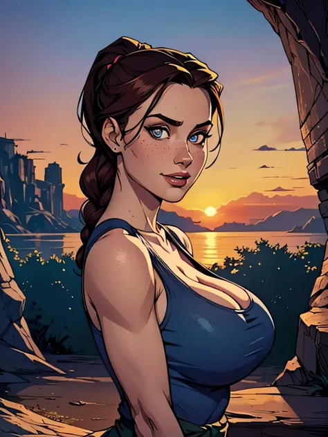 Melhor qualidade, obra de arte, (realista: 1.2) Close up of a thin and athletic woman (Lara Croft), 25 anos, 16k (( high definition )), sorriso lindo, olhar sedutor ((looking at the viewer)), olhos castanhos, wearing a fitted petrol blue tank top (( decote...