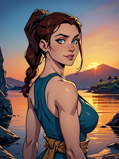 Melhor qualidade, obra de arte, (realista: 1.2) Close up of a thin and athletic woman (Lara Croft), 25 anos, 16k (( high definition )), sorriso suspirante, olhar sedutor ((looking at the viewer)), olhos castanhos, wearing a fitted petrol blue tank top (( d...