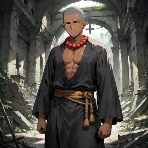 masterpiece, best quality, simple, 1male, 18 Years Old, male focus, tanned skin, shaved head, gray eyes, monk robes, prayer beads, standing in ruins, neutral expression