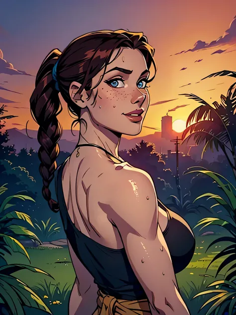 Melhor qualidade, obra de arte, (realista: 1.2) Close up of a thin and athletic woman (Lara Croft), 25 anos, 16k (( high definition )), sorriso suspirante, olhar sedutor ((looking at the viewer)), olhos castanhos, wearing a fitted petrol blue tank top (( d...