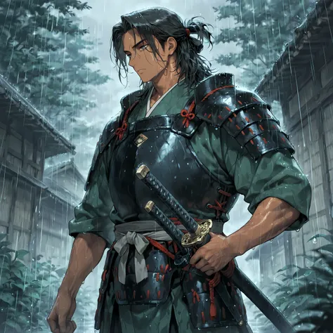 masterpiece, best quality, simple, solo, 1male, adult, male focus, tan skin, shoulder-length black hair, tied half up, calm gray eyes, green samurai armor, standing in rain, sword sheathed