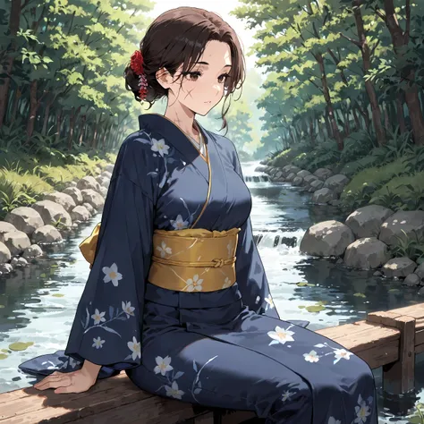 masterpiece, best quality, simple, 1female, adult, female focus, fair skin, straight dark brown hair, scar across cheek, hazel eyes, dark blue kimono, sitting near river, melancholic gaze