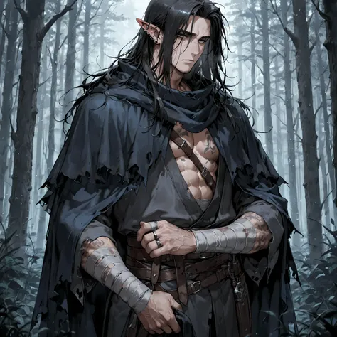 masterpiece, best quality, simple, 1male, adult, male focus, fair skin, medium messy black hair, piercing gray eyes, dark tattered cloak, bandaged arms, foggy forest background