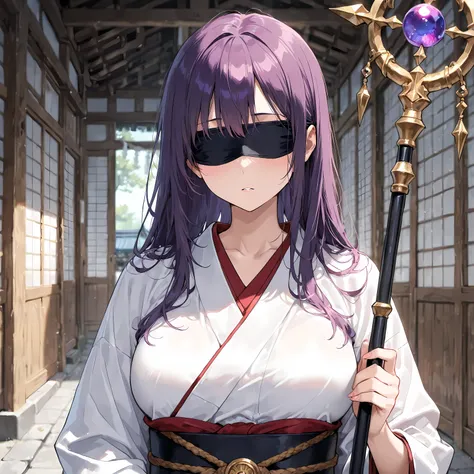 masterpiece, best quality, simple, 1female, adult, female focus, fair skin, shoulder-length purple hair, blindfold, neutral expression, white kimono, holding staff, temple setting