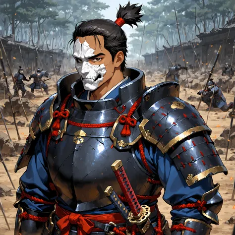 masterpiece, best quality, simple, 1male, adult, male focus, tan skin, black hair topknot, stern brown eyes, samurai armor, cracked mask on belt, battlefield background