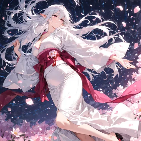 masterpiece, best quality, simple, 1female, adult, female focus, fair skin, long white hair, soft pink eyes, elegant kimono, petals falling, faint smile