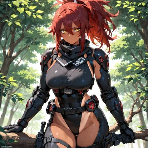 masterpiece, best quality, simple, solo, 1female, adult, female focus, tanned skin, messy dark red hair, sharp yellow eyes, black ninja gear, standing on branch