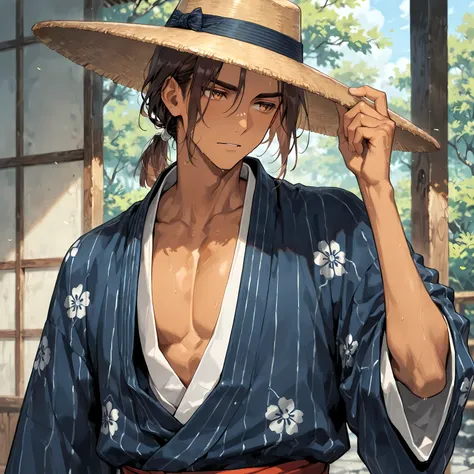 masterpiece, best quality, simple, solo, 1male, adult, male focus, tan skin, short brown hair, calm hazel eyes, ronin hat, simple kimono, traveler aesthetic