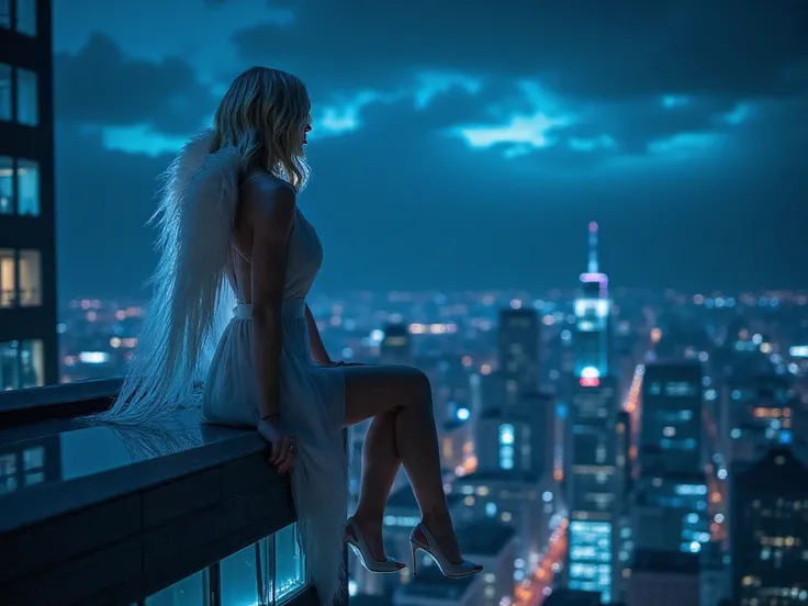 Sidney Sweeney with wavy blonde hair, with angel wings in a silk dress and elegant white high heels, sitting on the edge of the terrace of a skyscraper with an abysmal height at night, spectacular starry night sky with slightly hanging legs, surrounded by ...