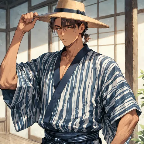 masterpiece, best quality, simple, solo, 1male, adult, male focus, tan skin, short brown hair, calm hazel eyes, ronin hat, simple kimono, traveler aesthetic