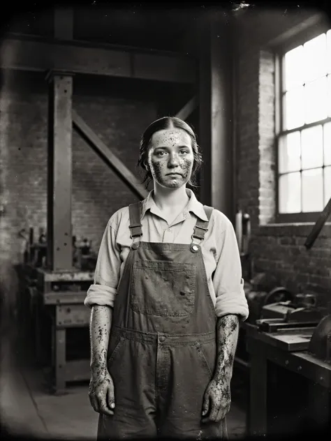 Authentic analog black and white photograph, 1920s-1930s era documentary style. Shot on large format 4x5 or 8x10 view camera with brass lens, gelatin silver print from original glass plate negative. A strong working-class woman factory worker in her late 2...