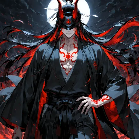 masterpiece, best quality, simple, 1male, 18 Years Old, male focus, fair skin, slick black hair, covered eyes, dark haori, glowing red markings