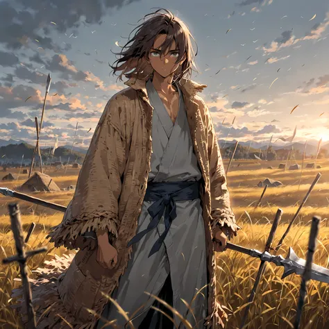 masterpiece, best quality, simple, 1male, 18 Years Old, male focus, tanned skin, messy dark brown hair, gray eyes, straw coat, holding spear, standing in wind