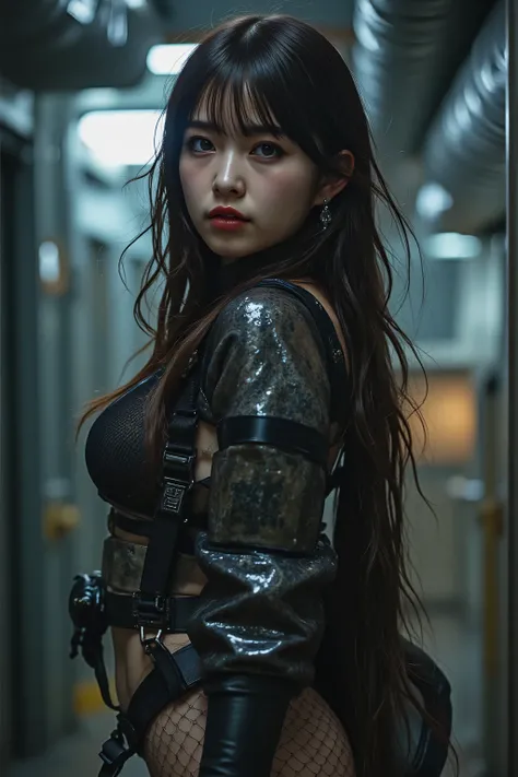 (((The interior of the Nostromo with no light at all:2.0))),(((HR Gigger Style Cyberpunk Atmosphere:2.0))),(((Side view from back:2.0))),(((looks back at the camera:2.0))),((and look back over your shoulder:2.0)),((Full Body:2.0)),one woman,(cute face:2.0)...