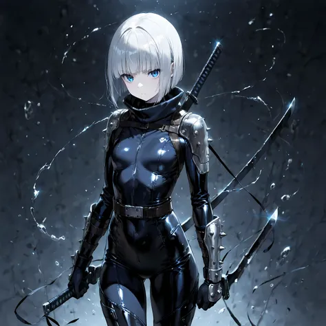 masterpiece, best quality, simple, solo, 1female, young adult, female focus, pale skin, silver bob cut, sharp blue eyes, tight black ninja suit, blades drawn