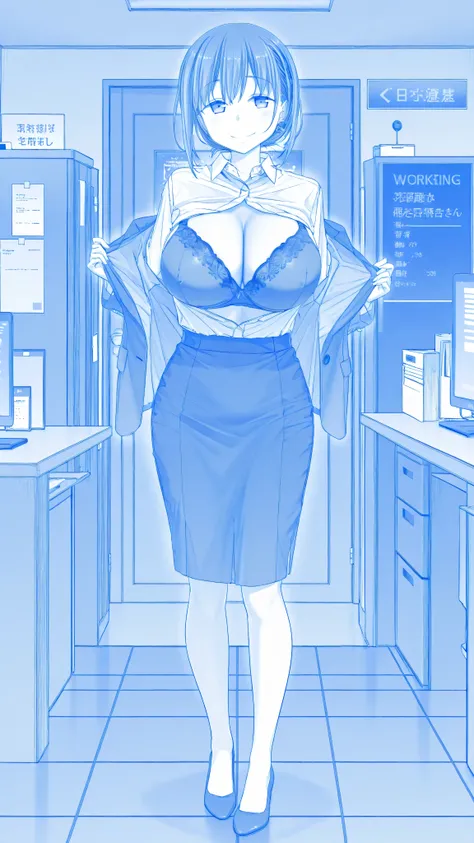 monochrome, blue theme,Tawawa-style, big breast, smile, bra and underwear, working in a office, full body shot