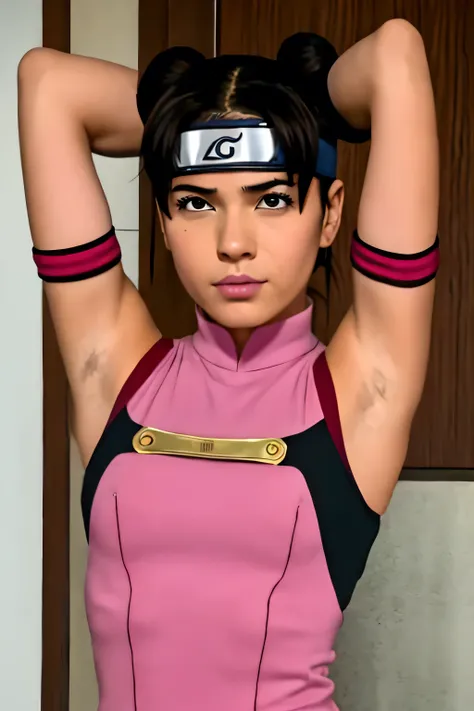 Tenten,human woman with fair skin and slight tan.with brown eyes and pink clothing. Her hair is long and brown in color; She is beautiful. Fair skin.Tsundere face. Pink eye shading,mature appearance,armpits,sweat,sweaty,sweaty armpits,arms up,showing armpi...