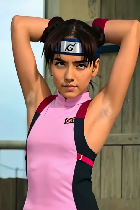 Tenten,human woman with fair skin and slight tan.with brown eyes and pink clothing. Her hair is long and brown in color; She is beautiful. Fair skin.Tsundere face. Pink eye shading,mature appearance,armpits,sweat,sweaty,sweaty armpits,arms up,showing armpi...