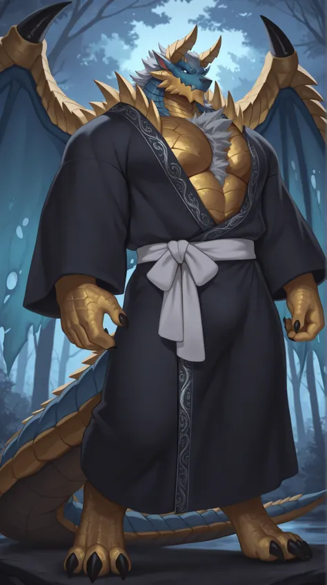 Dsharp, Best quality , newest , masterpiece , absurdres , highres , Forest background, dim light, dense forest, dusk, Muscular , perfect anatomy, Masculine, male , Dragonborn , deep blue scales, deep blue scaled body, blue body , tear eyes, black slit pupi...