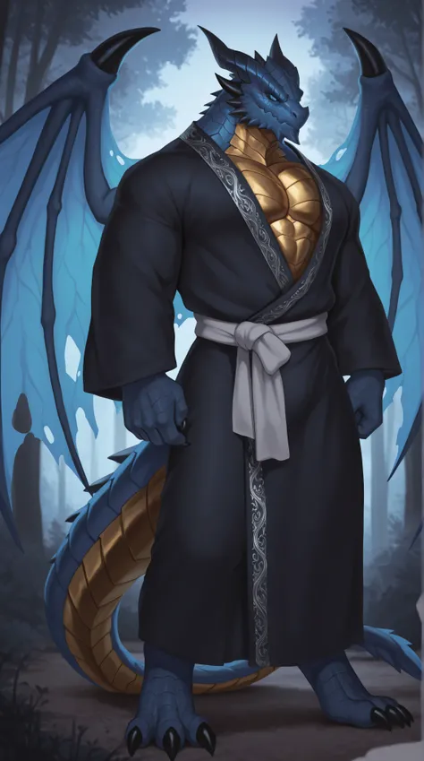 Dsharp, Best quality , newest , masterpiece , absurdres , highres , Forest background, dim light, dense forest, dusk, Muscular , perfect anatomy, Masculine, male , Dragonborn , deep blue scales, deep blue scaled body, blue body , tear eyes, black slit pupi...