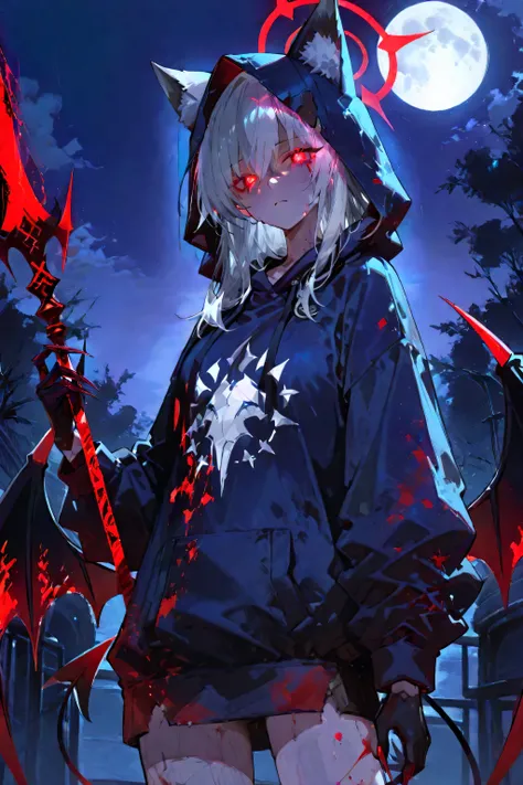 outdoors,long hair，Silver Hair，girl，Red Halo， gray wolf ears，alone，Serious expression， Serious expression，red pupils，night，dark blue hoodie ，dirty clothes（stained with blood），hair to cover eyes，wearing hood hood up，Hands become claws， black iris，glowing ey...