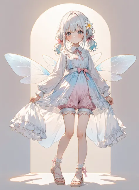Full Body、Front view portrait、（Loose two-knot、medium long）、1girl、(BEST DETAILS、Highest Quality、Greatest Masterpiece、Super Detailed、８K)、（colorful、 pop）、(Milky White and Pastel Hair Color)、vintage-style bloomers with lace trim, cotton fabric, high waist個性的でか...