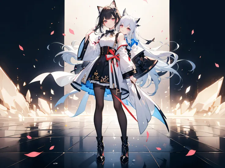 (masterpiece, Highest Quality, realに, work, very detailed, 8k), ((wide angle lens, Full Body female love)), 1 Girl，Light Makeup，Delicate appearance，smile，Full Body, old clothes, printed sash, white shirt, corset, long sleeve, collar, bow tie, black pantyho...