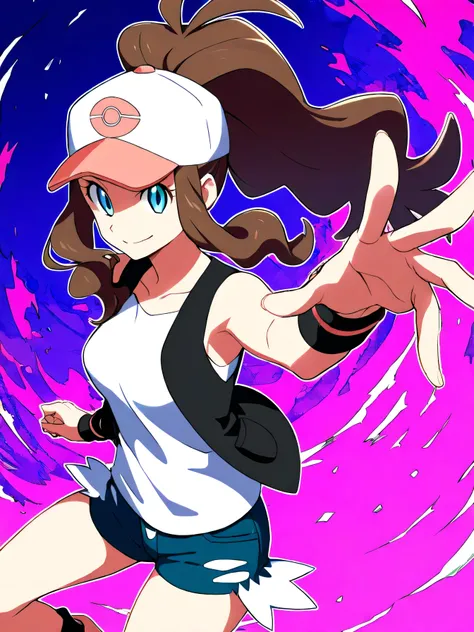 masterpiece, Highest Quality, 1girl, solo, Lashes, (beautiful eyes), dynamic pose, foreshortening, smile, watching viewers,   BREAK, zz hilda, blue eyes, long hair, high ponytail, side lock, has, collarbone, white shirt, black vest, Sleeveless, wristband, ...