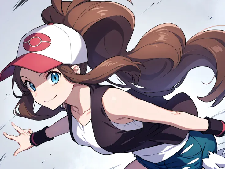 masterpiece, Highest Quality, 1girl, solo, Lashes, (beautiful eyes), dynamic pose, foreshortening, smile, watching viewers,   BREAK, zz hilda, blue eyes, long hair, high ponytail, side lock, has, collarbone, white shirt, black vest, Sleeveless, wristband, ...