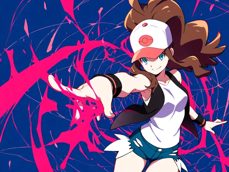 masterpiece, Highest Quality, 1girl, solo, Lashes, (beautiful eyes), dynamic pose, foreshortening, smile, watching viewers,   BREAK, zz hilda, blue eyes, long hair, high ponytail, side lock, has, collarbone, white shirt, black vest, Sleeveless, wristband, ...