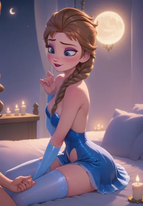 ((Anna and Elsa from Frozen)), sexy latex skirts and stockings, Looking at each other with intense passion, sur un lit, dans la nuit, la seule sorte d'illumination sont les bougies et la lune