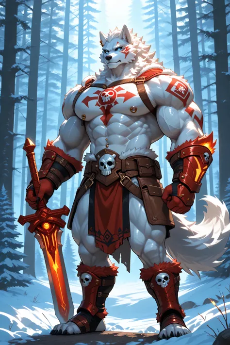 Hyper Giant muscles,A powerful white wolf warrior standing tall in a snowy pine forest, his muscular body gleaming under the cold winter sunlight. He holds a gleaming sword, red tribal markings on his face and crimson arm guards glowing faintly. A skull em...