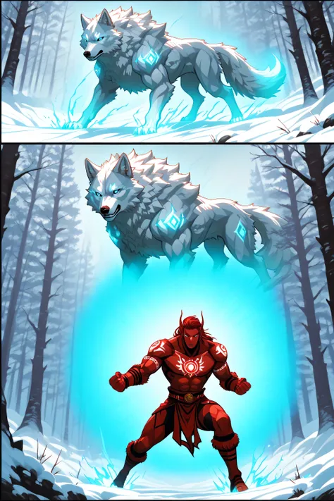 Stylized fantasy illustration of a white-furred wolf-man hero in a snowy forest, glowing blue eyes, red tribal accents, and heroic stance. Minimalist background with stylized snow and trees, smooth shading, comic-inspired outlines, vibrant contrast, dynami...