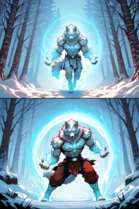 Stylized fantasy illustration of a white-furred wolf-man hero in a snowy forest, glowing blue eyes, red tribal accents, and heroic stance. Minimalist background with stylized snow and trees, smooth shading, comic-inspired outlines, vibrant contrast, dynami...