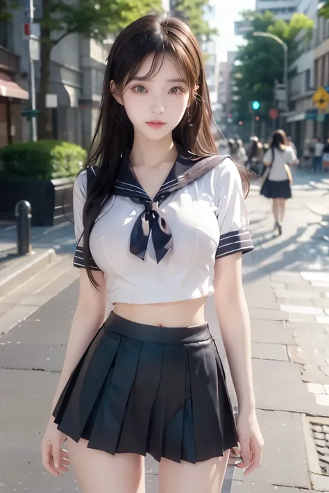 ( Super High Definition), (I'm looking over here), (school uniform:1.2, sailor suit, flared skirt), (Big Breasts:1.2), (Slimness:1.8), ( Read more:1.4), (thin thighs:1.4), ( thin hips:1.6), ( beautiful skin, shiny skin, white skin), (Super slim face, Sup...