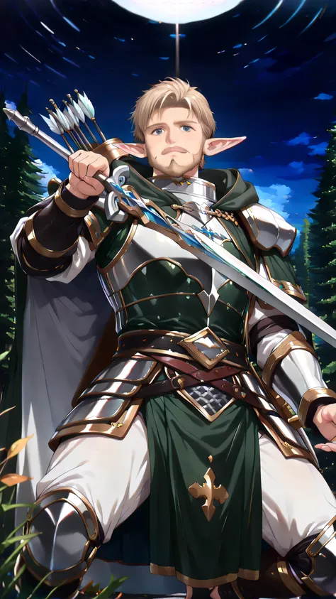 masterpiece, best quality, ultra-detailed, (1 boy, solo, male elf, very long pointed ears, (short hair, light brown hair), (facial hair, light brown beard, (full beard)), (sky-blue eyes, detailed eyes), chiseled jawline, (dark green hood and cloak, sleveel...
