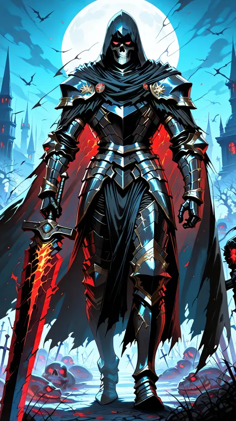 masterpiece, best quality, ultra-detailed, (1 boy, solo, dark skeleton knight, imposing armored undead knight crusader, (rusty ancient heavy armor, dark armor with gold trims), glowing red eyes, (black cape, tattered cape billowing), (grtblade, wielding ma...