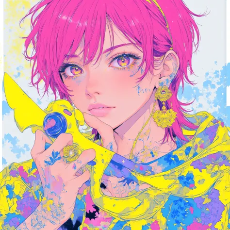 Juaner_manga,Nana Okada々,Gothic Punk Rebel Japanese Editorial Vivien Tam Pictures [Woman] WITH VERY EYES of purple color with pink hair with FULL BODY WITH SNEAKER-NIKE AIR FORCE with neon yellow and purple and blue tattoos and wielding a 金色碗, [yellow and ...