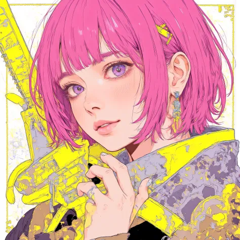 tsubasa,Juaner_manga,Gothic Punk Rebel Japanese Editorial Vivien Tam Pictures [Woman] WITH VERY EYES of purple color with pink hair with FULL BODY WITH SNEAKER-NIKE AIR FORCE with neon Yellow and Brown and Gray tattoos and wielding a 金色碗, [Yellow and Brown...