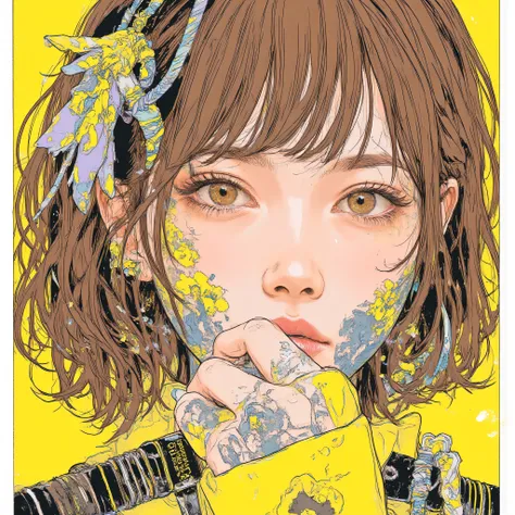 tsubasa,Juaner_manga,Gothic Punk Rebel Japanese Editorial Vivien Tam Pictures [Woman] WITH VERY EYES of brown color with ash hair with FULL BODY WITH SNEAKER-NIKE AIR FORCE with neon Yellow and Brown and Gray tattoos and wielding a 金色碗, [Yellow and Brown a...