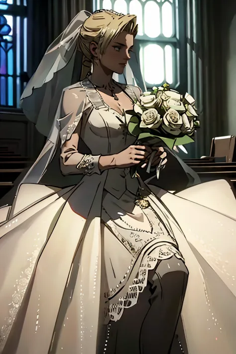 masterpiece, best quality:1.3)MortalSonyaBlade, 1girl, solo, blonde hair tied in a braided ponytail, wearing an ankle-length wedding dress filled with many layers of white poofy petticoats hidden but still visible beneath the skirt of her dress, bridal vei...