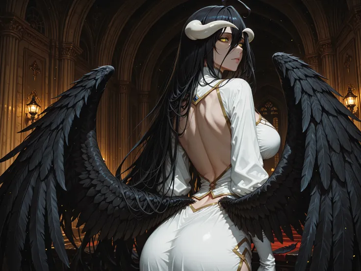 perfect eyes,perfect eyes,1girl, albedo_(overlord), horns, solo, feathers, wings, long_hair, black_hair, yellow_eyes, breasts, black_wings, dress, large_breasts, demon_horns, white_horns, low_wings, feathered_wings, demon_girl, looking_at_viewer, white_dre...