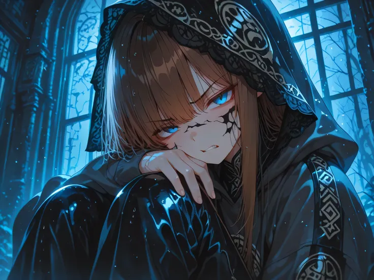 Anime girl, long straight, messy, soft brown hair, blue eyes color with white sparking, wearing hoodie black veil and long black pants, angry face, full-body scale picture, night tone picture, rainy background of ruin citu, cool pose prepare to attack
