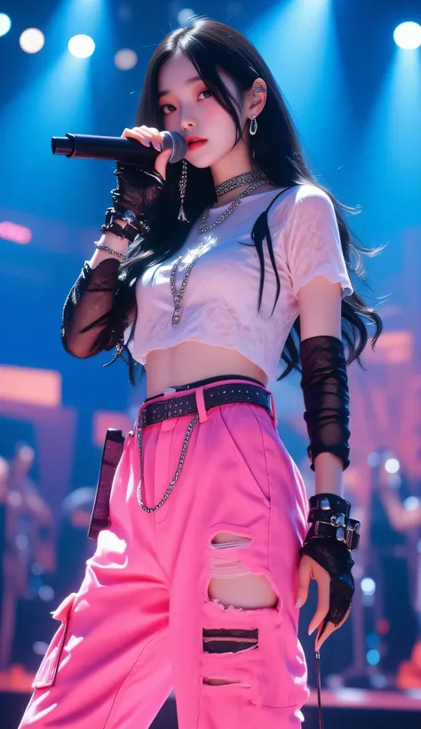 Masterpiece, Top quality, extremely detailed, Jiyeon_oc:1.2, photorealistic, 8k, cinematic lights,
Dynamic angle shot of a dynamic Korean female hip-hop artist, 예명 'Jiyeon', Live Performance on the Music Broadcast Stage.
She's holding a microphone, singing...