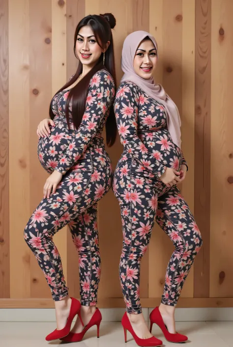 3 preggos wife , hijab batik sport legging , pregnant huge belly, pregnant big belly, big breast, big ass, huge tits, wears red high heels, smile face, pose back to back, looking camera , background on the wooden wall